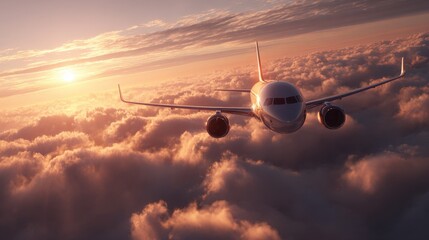 Majestic Passenger Jet Cruising Above Luminous Golden Sunset Clouds, Serene High-Altitude Journey.