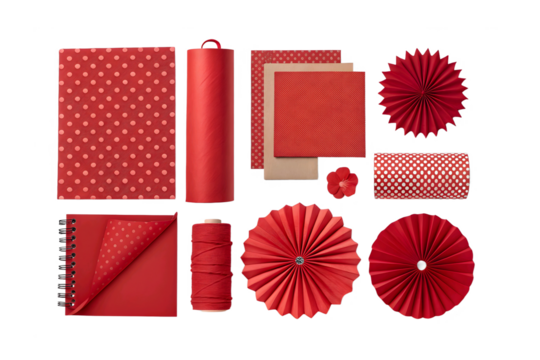 Collection of red crafting paper and decorative elements isolated on transparent background - Powered by Adobe