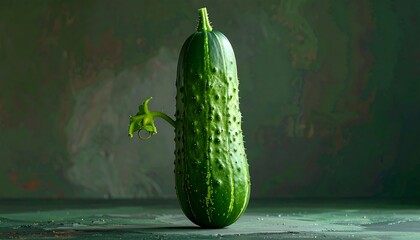 A cucumber poised on a dark surface