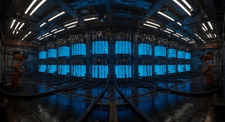 Intriguing Arrangement of Glowing Blue Lights in a Tech Facility