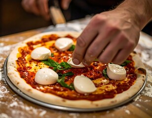 Close-up of pizza preparation
