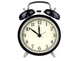 Retro black alarm clock isolated on transparent background.