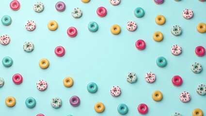 A sweet pattern of colorful miniature donuts with frosting and sprinkles on a pastel blue background.