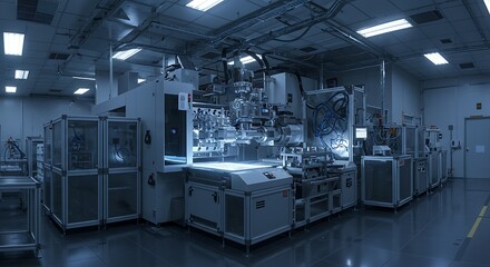 State-of-the-art automated machinery on a production line inside a modern electronics factory, representing advanced manufacturing and technological innovation