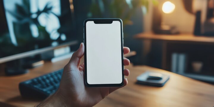 Realistic phone mockup held by hand in cozy, dimly lit workspace with keyboard and warm lighting. Perfect for app UI, dark mode, or tech branding.