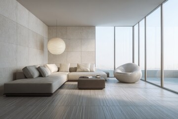 Minimalist Living Room with Panoramic Windows and Modern Furniture in Soft Light.