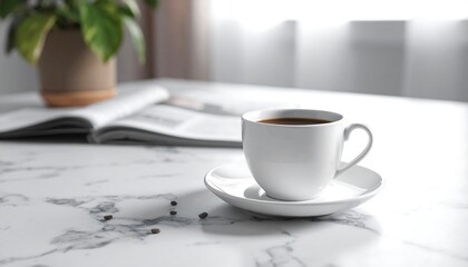 A cup of coffee on a marble table, with a magazine and plant in the background