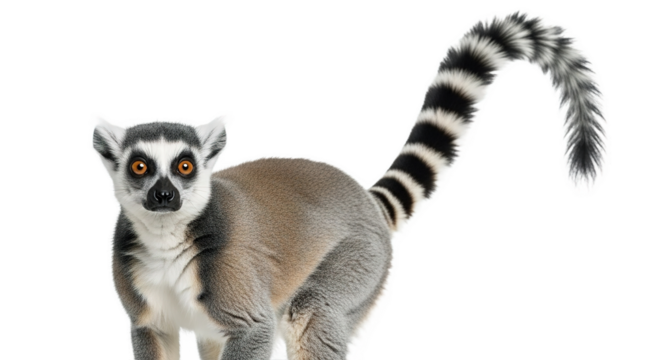 Ring tailed lemur with striped tail isolated on white background.