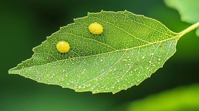 Two yellow galls on a green leaf, highlighting the leafs texture and veins