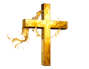 Golden cross isolated on transparent background.