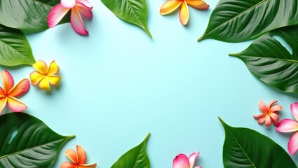 A vibrant frame of exotic plumeria flowers and lush tropical green leaves on a pastel blue background.