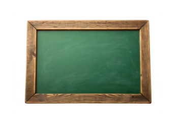 Empty green chalkboard with wooden frame isolated on transparent background