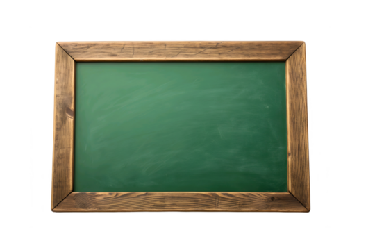 Empty green chalkboard with wooden frame isolated on transparent background