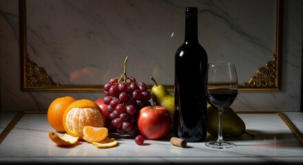 Classic Still Life with Red Wine Bottle Glass and Fresh Fruits.