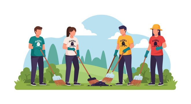 A group of four volunteers clean up trash in a park setting, wearing matching shirts and using brooms to collect litter.