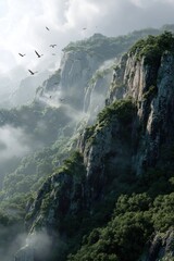 Misty Mountain Majesty - Dramatic Cliffs, Lush Greenery, and Soaring Birds in Atmospheric Landscape.