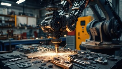 Industrial Robot Welding Metal Parts in Factory.