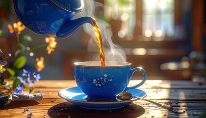 A cup of tea poured from a teapot in a sunny cafe