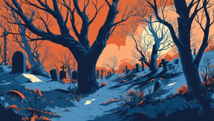 A somber, autumnal graveyard scene under a full moon, rendered in bold colors and stylized silhouettes.