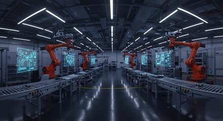 Automated Factory Assembly Line with Robotic Arms and Advanced Technology