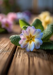 A delicate, light-blue and cream-colored primrose flower rests on a rustic wooden surface, bathed in soft sunlight.