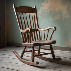 A solitary vintage wooden rocking chair rests on a rustic wood floor against a weathered, textured wall.
