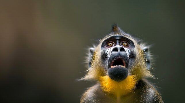 A mandrill monkey with its mouth open and looking upwards with a curious expression