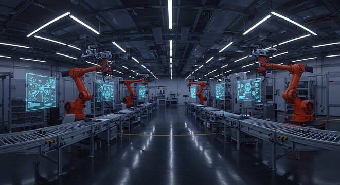 Automated Factory Assembly Line with Robotic Arms and Advanced Technology