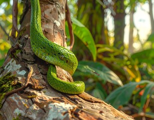 Naklejka premium Emerald Tree Boa on a Sunlit Log in the Jungle