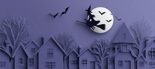 Witch Silhouette Flying on Broomstick Over Houses, Full Moon Night Sky with Bats for Spooky Halloween Background and Thematic Illustration