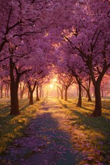 Naklejka premium Golden Sunrise Illuminates an Enchanted Pathway Through a Pink Cherry Blossom Tunnel.