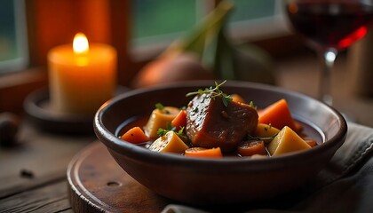Andorran wild boar civet isolated in a rustic bowl, stew with vegetables and wine