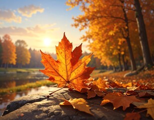 Autumnal splendor: a vibrant leaf at dawn