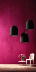 A contemporary interior design featuring a vibrant magenta wall and modern black pendant lamps, a small table with pink flowers, and a white chair, evoking a serene and stylish ambiance.
