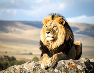 Obraz premium Majestic lion resting on a rock overlooking a landscape