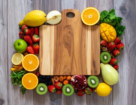 Colorful fruit and vegetable arrangement on a wooden cutting board - Powered by Adobe