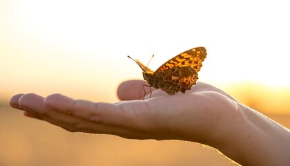 A delicate butterfly rests on a hand against a golden sunset