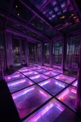 Illuminated Dance Floor Glows with Vibrant Purple and Pink Neon Lights in Modern Interior.