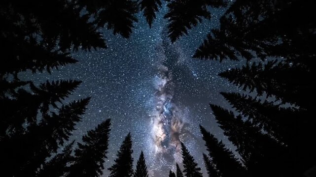 Celestial Timelapse of the Milky Way Galaxy Rotating Above a Silhouetted Pine Forest Canopy.