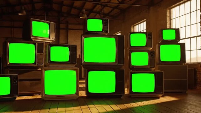 A Monumental Wall of Stacked Vintage Televisions Broadcasting Static Noise in a Sunlit Loft. - Powered by Adobe