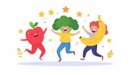 Fototapeta premium Happy cartoon characters of an apple, broccoli, and a child with a banana celebrate healthy eating with joy and energy