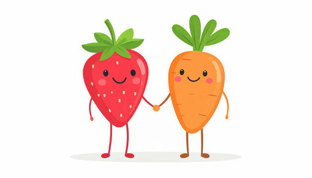 An adorable cartoon strawberry and a cheerful carrot holding hands. A cute vector illustration representing friendship, love, and healthy eating