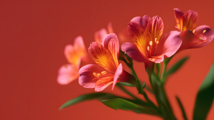 Naklejka premium Alstroemeria Blooms Against Red: A vibrant cluster of Alstroemeria flowers in full bloom against a solid, fiery red backdrop, displaying their delicate petals and intricate details.