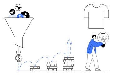 Funnel filtering leads into revenue, stacked coins showing financial growth, person holding bulb, and a t-shirt. Ideal for marketing, sales, creativity, innovation, business e-commerce simple flat