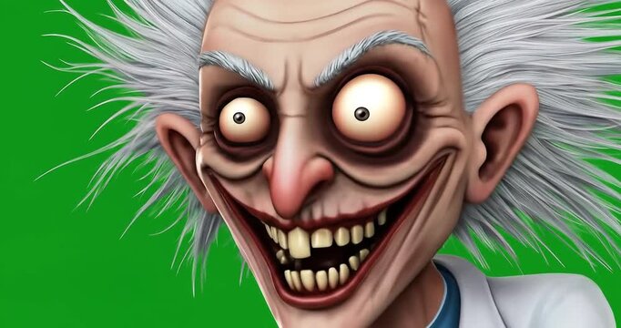 Eccentric scientist with wild hair and sinister grin