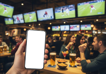 Hand holding smartphone with blank white screen inside sports bar, multiple televisions showing live football game and people enjoying drinks in background, entertainment app mockup
