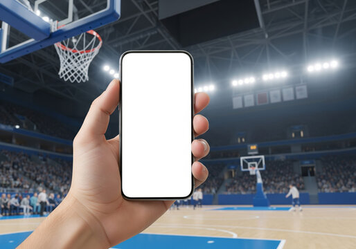 Vertical close up of smartphone with empty white screen held in basketball stadium, illuminated court and hoop with players and audience in background, sports app mockup template