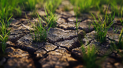 Naklejka premium AI Generated - Dry, cracked ground with green grass growing out of it, symbolizing the effects of climate change on the environment. Professional stock photography for commercial use. High-resolution.