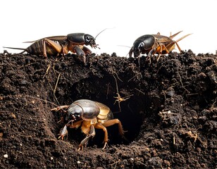 Close-up of three grubs emerging from a burrow