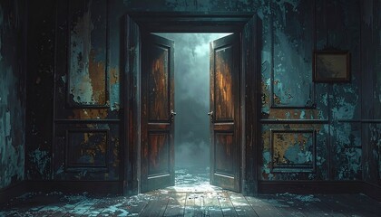 A dimly lit, decaying room with an open doorway revealing a brighter space beyond